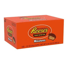 Reese's Miniature Peanut Butter Cups cardboard box, orange with logo and cup graphic