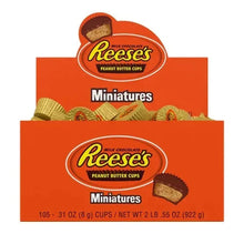 Reese's Miniature Peanut Butter Cups open box with gold-wrapped mini cups and logo