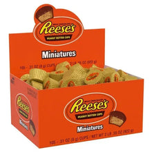 Reese's Miniature Peanut Butter Cups open carton with gold wrappers and visible chocolate cup