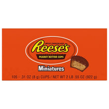 Reese's mini peanut butter cups box, orange front with logo and Minis text