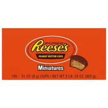 Reese's Miniature Peanut Butter Cups box, orange front with cup graphic and text