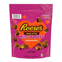 Reese's Mini Hearts candy bag showing unwrapped heart-shaped chocolate peanut butter candy