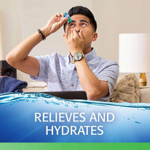 Man applying teal eye drops to his eye with bottle