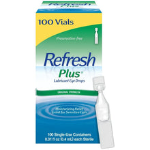 Lubricant eye drops product box with 100 vials and small dispensing vial