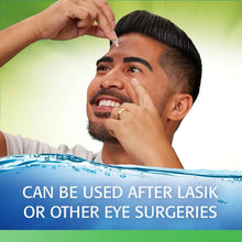 Lubricating eye drops shown being applied to a man's eye