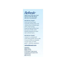 Lubricant eye drops carton back panel with Refresh Tears branding