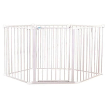 White baby gate play yard with hinged center door and vertical metal bars