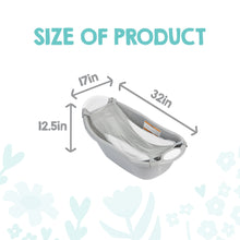 Grey infant bath tub with mesh sling, size diagram with overall dimensions