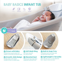 Grey infant bath tub with soft mesh sling, built-in soap tray, and raised seat