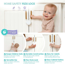 Cabinet strap lock installed to help keep children safe, shown with child at cabinet