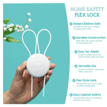 White home safety flex strap lock held in hand with two flexible straps