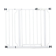 White extendable baby gate panel with vertical bars and side brackets