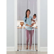 Extra tall baby gate in white with vertical bars and top latch