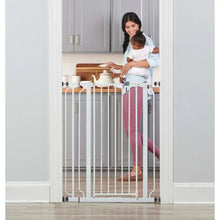 Extra tall baby gate in white with vertical bars and step-style opening