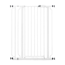 Extra tall baby gate in white with vertical bars and wall-mount hardware