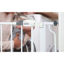 Extra tall baby gate latch detail in white with locking mechanism