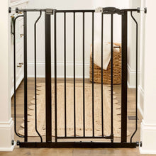 Black metal baby safety gate with vertical bars and walk-through latch