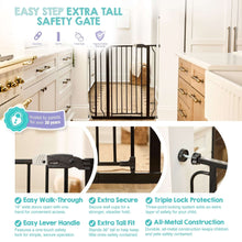 Regalo extra tall safety gate feature infographic with walk-through and lock details