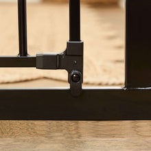 Black gate bottom latch and mounting hardware on floor base