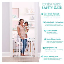Extra wide white safety gate with walk-through door and labeled features on right side