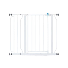 White extra wide baby gate frame, front view with latching hardware on both sides