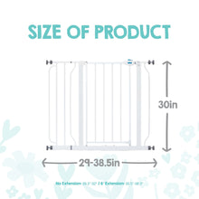 White extra wide baby gate size diagram showing 29.5–38.5 in width and 30 in height