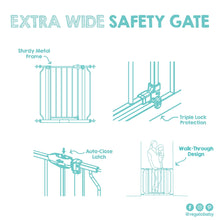Extra wide baby gate diagram highlighting metal frame, triple-lock, and walk-through design