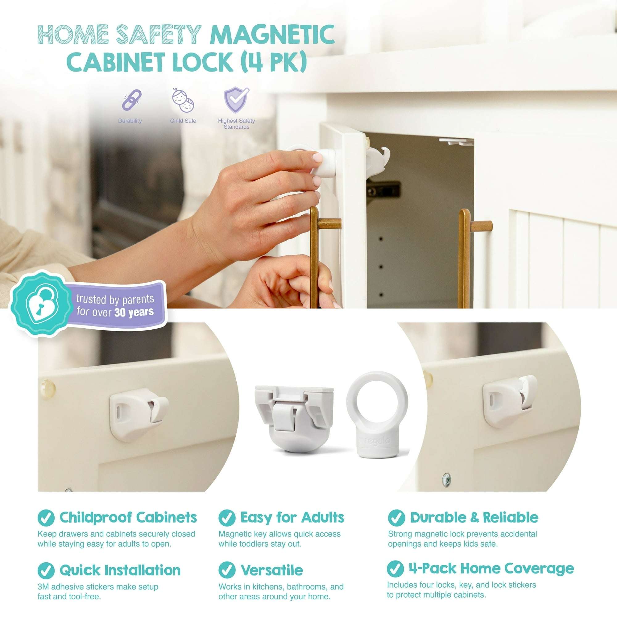 Regalo Magnetic Cabinet and Drawer Lock Set for Baby Proofing - Easy Install, Discreet Design - 4 Pack