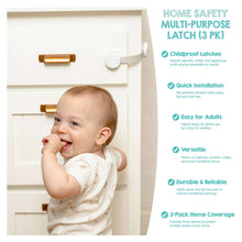 White multi-purpose child safety latch set, three-pack packaging view