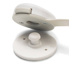 White child safety latch base with open round cover and locking slot