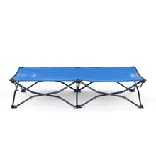 Portable toddler bed with blue fabric mattress and black folding legs