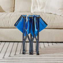 Foldable toddler bed, blue fabric sides and dark blue folding legs
