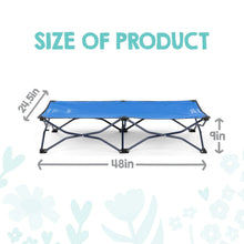 Portable toddler bed size diagram, blue mattress with black frame