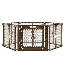 Superwide plastic play yard gate with door, brown mesh panels and hinged entry