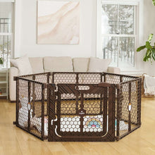 Brown superwide plastic play yard with door and hex mesh fence panels