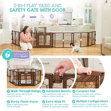 Play yard safety gate with door promotional graphic showing compact fold and walk-through