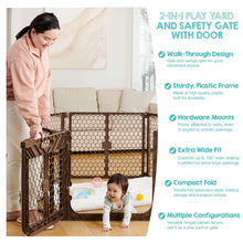 Brown play yard and safety gate with door in home, with child and feature icons