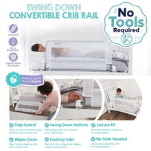 Regalo swing-down convertible crib rail features graphic with mesh safety barrier