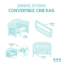 Regalo swing-down convertible crib rail diagram showing mesh rail and secure fit