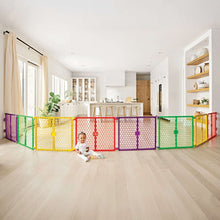 Multi-color baby safety gate and play yard with hex-pattern panels, wide enclosure