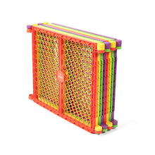 Folded multicolor plastic play yard panels with mesh sides and frame bars