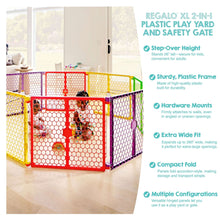 Colorful plastic baby play yard and safety gate with mesh panels and door opening