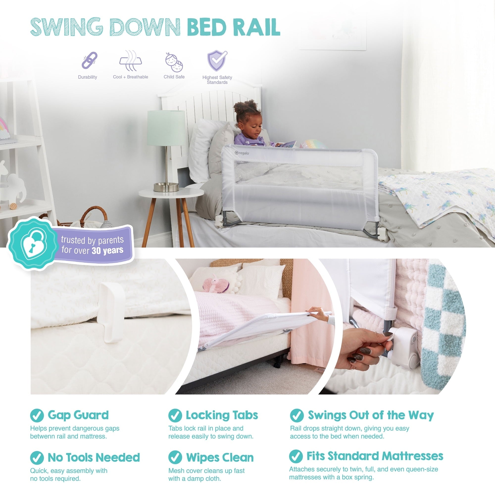 Regalo Swing Down Crib Rail with Reinforced Safety Anchor, Metal,  Ages 2-5 Years