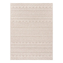 Light beige area rug with repeating woven stripes and geometric border