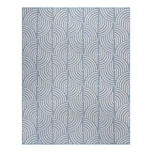 Blue area rug with repeating white wave swirl pattern, square view
