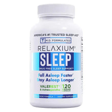 Relaxium Sleep drug-free supplement bottle, front label for 120 vegan capsules