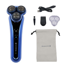 Blue electric shaver with charging cable, blade cover, and storage pouch