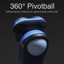 Electric rotary shaver head with three round foil cutters, blue and dark navy