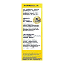Women’s care probiotic package back panel with 30 years experience and 25 billion CFU