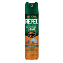 Green aerosol insect repellent spray can with orange label and 40% DEET badge